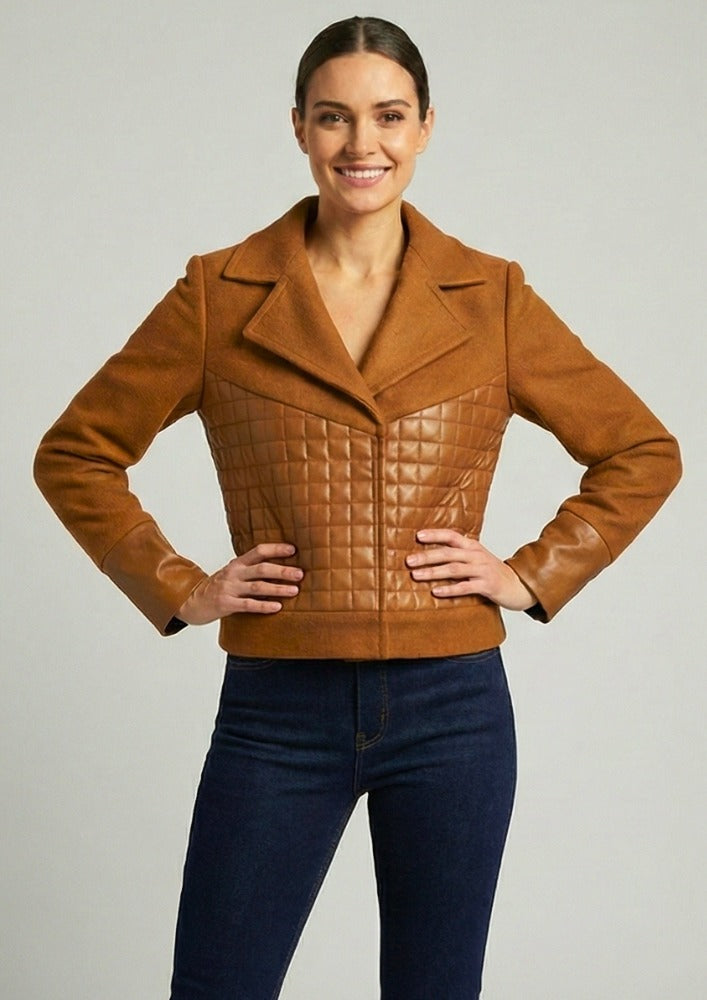 Brown Woollen Short Jacket With Leather Quilting
