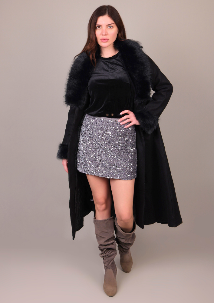 Black Long Fur-Trimmed Coat IKI CHIC Private Ltd.