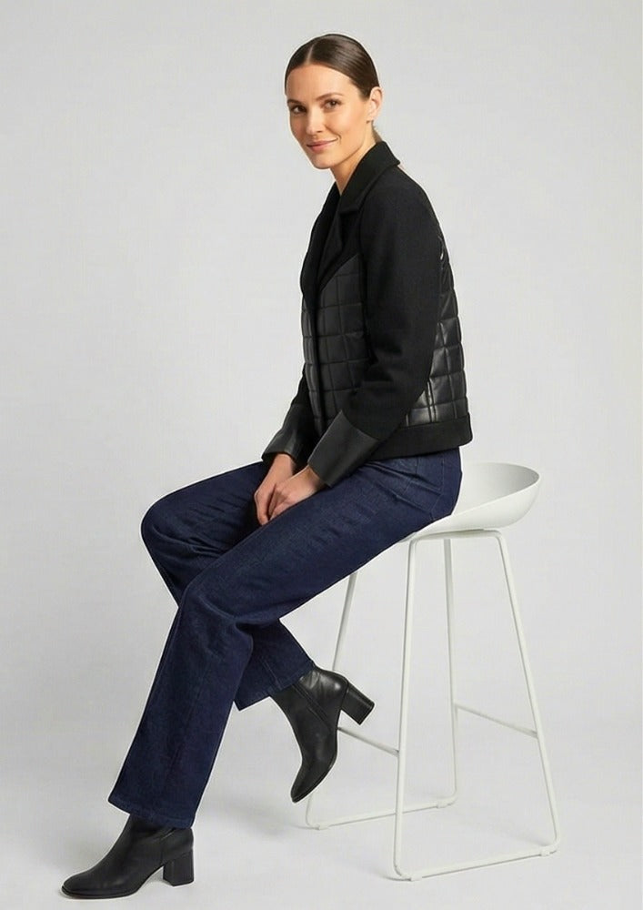 Black Woollen Short Jacket with Leather Quilting