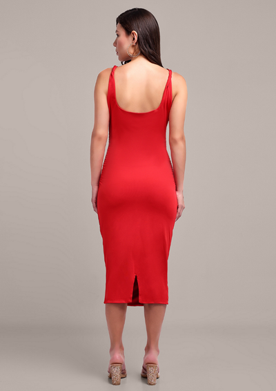 Sleek Red Body-Fitted Midi Dress