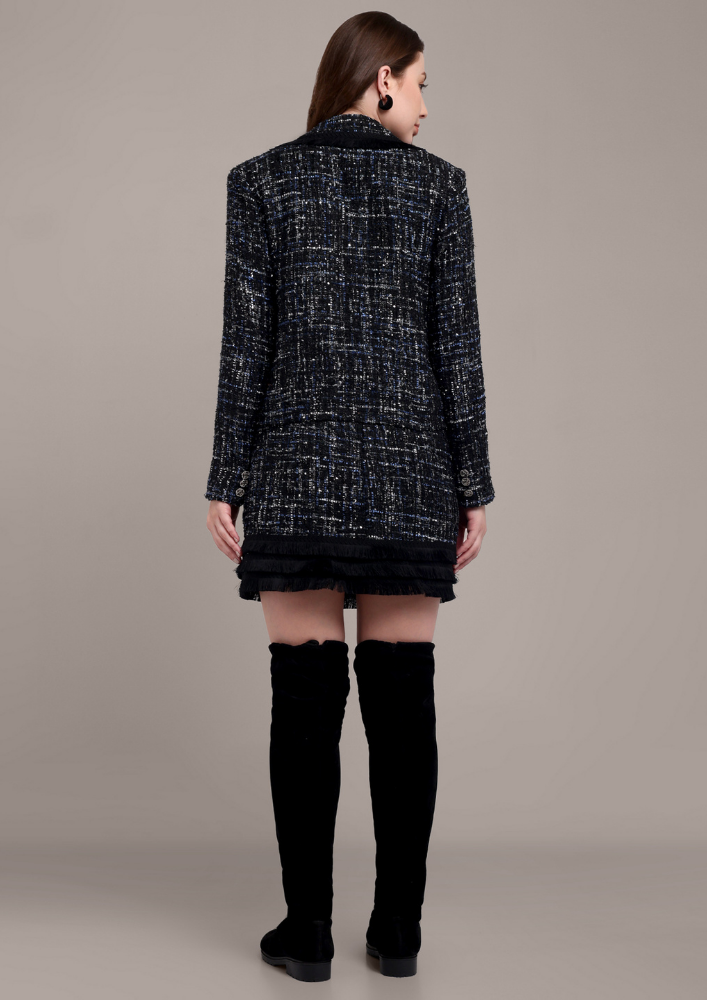 Blue Black Tweed Skirt Set with Brooch detailing