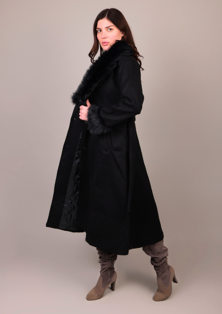 Black Long Fur-Trimmed Coat IKI CHIC Private Ltd.