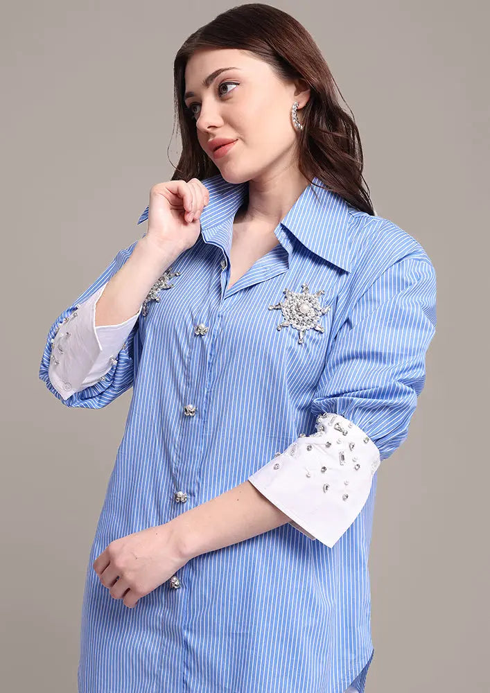 Blue Stripe High-Low Embellished Shirt With Tie-Up Pants IKI CHIC Private Ltd