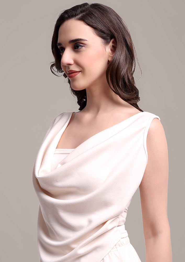 Beige Cowl Neck Top And Pants Co-ord Set IKI CHIC Private Ltd.