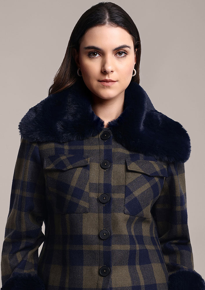 Green & Blue Colorblock Woolen Jacket with Fur Collar & Pants Set