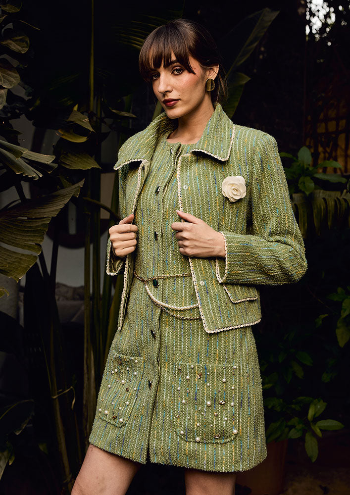 Green Tweed Pearl Lace Detailed Jacket