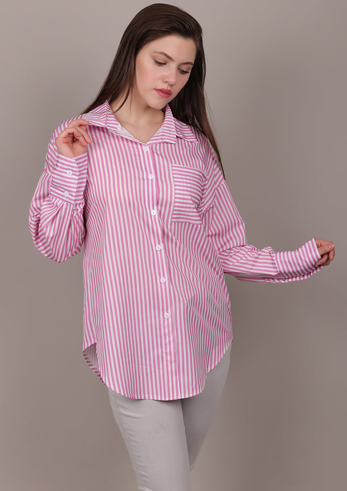 Pink striped shirt with a horizontal-striped pocket IKI CHIC Private Ltd.