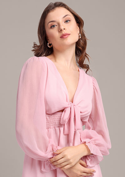 Pink V-Neck Lantern Sleeve Ruffle Mini Dress