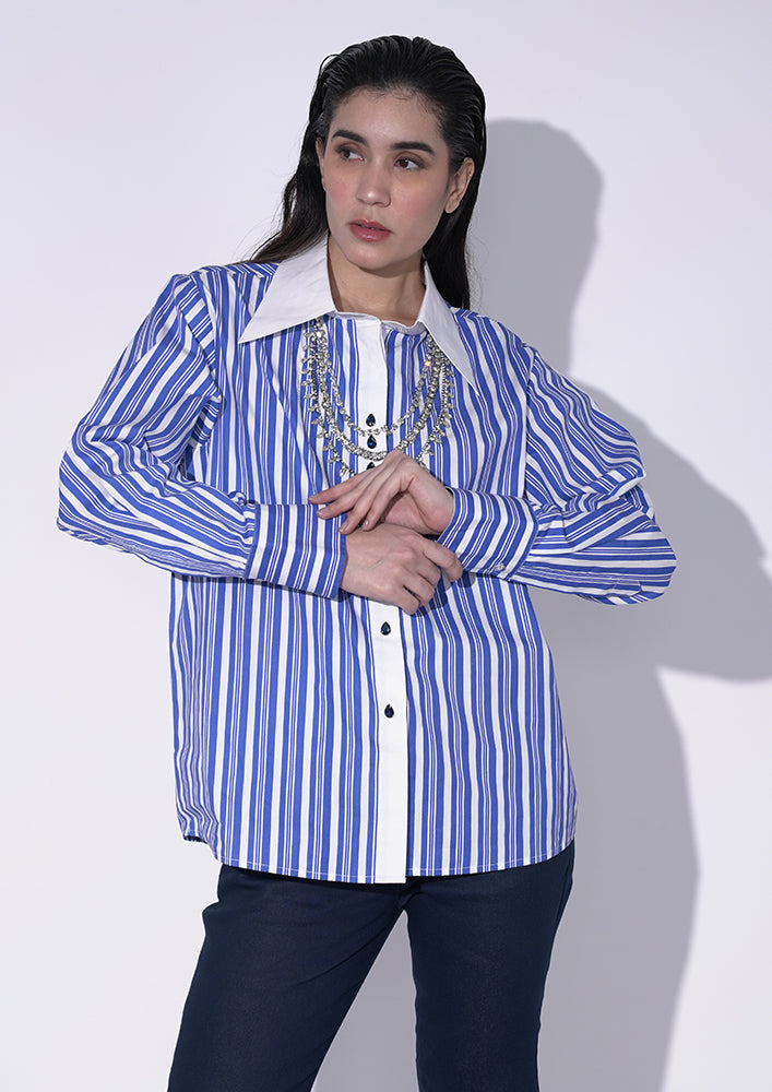 Blue Stripe Shirt with Swarovski Jewelry Design IKI CHIC Private Ltd.