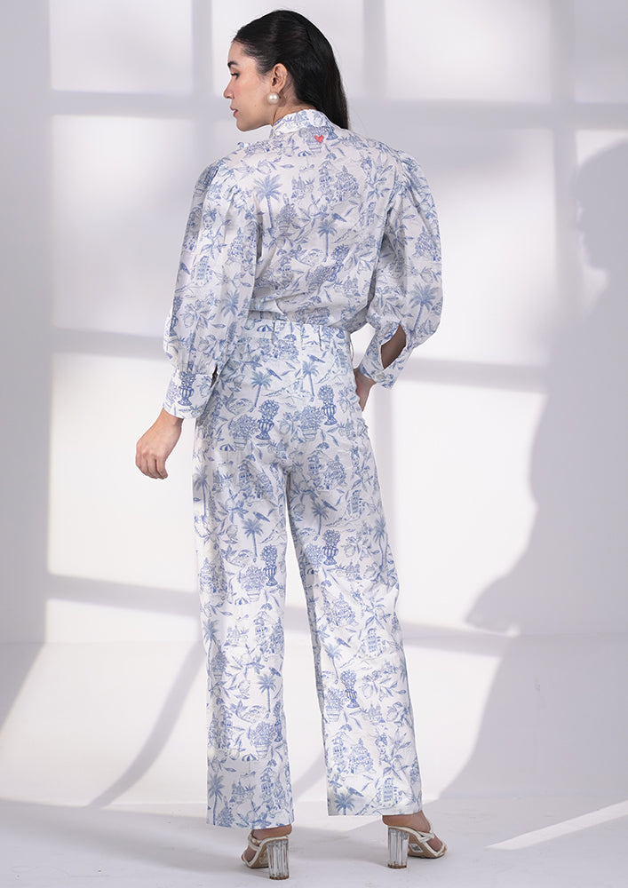 Blue printed ruffle shirt with bows and loose pant IKI CHIC Private Ltd.