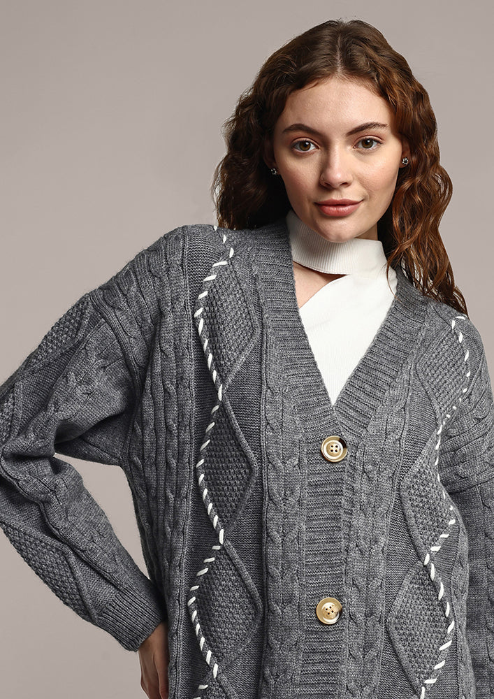 Grey Cable Knit Oversized Long Cardigan
