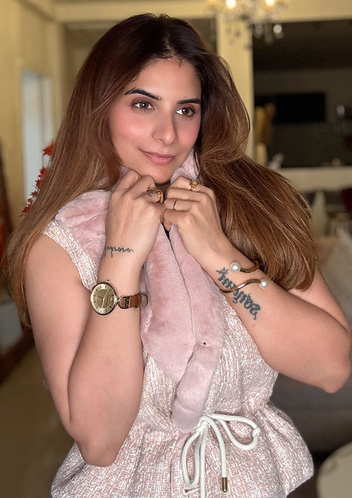 Peachish Pink Tweed Fur Collar Waist Tie-Up Jacket