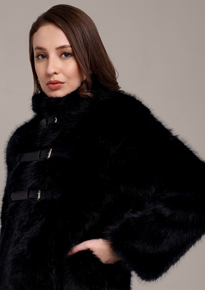 Black Fur Jacket with Front Buckle Straps IKI CHIC Private Ltd.