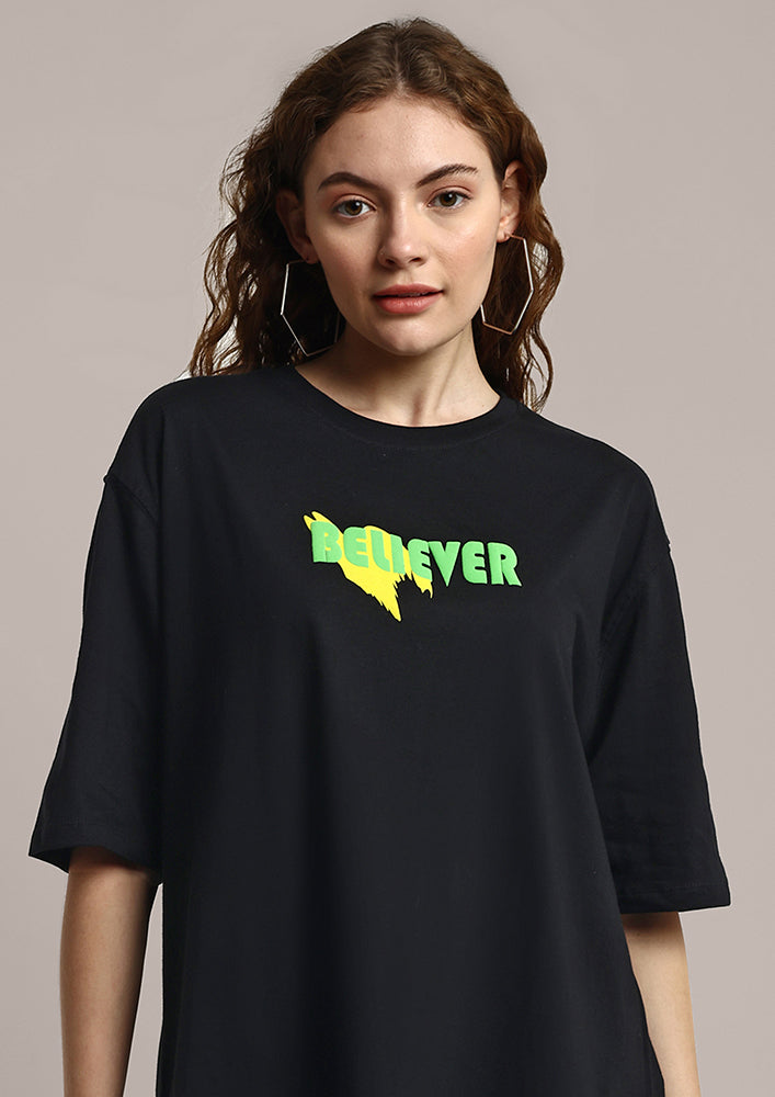 Believer Print Oversized Black Gen-Z Unisex T-shirt