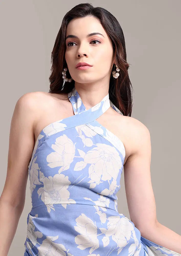 Printed Linen Halter Neck Dress With Side Trail IKI CHIC Private Ltd