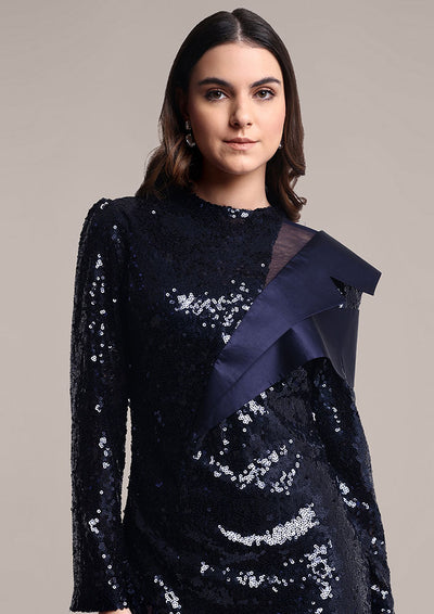 Elegant Blue Sequin Full-Sleeve Dress