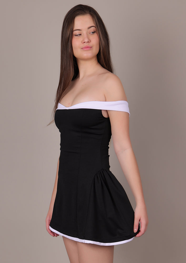 Black Off-Shoulder Color Block Dress