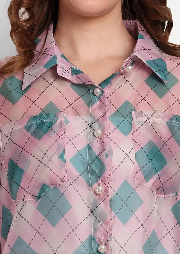 Pink Printed Collared Shirt With Pearl Front Button Up And Puff Sleeves IKI CHIC Private Ltd