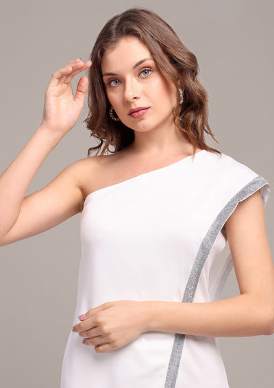 White Slinky one- shoulder flared jumpsuit