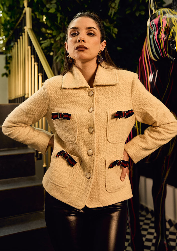 Off white woolen blazer with bow detailing