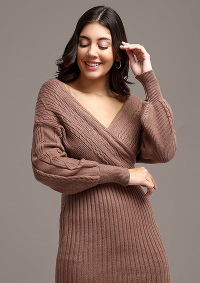 Brown Solid V-Wrapped Neckline Mini Sweater Dress
