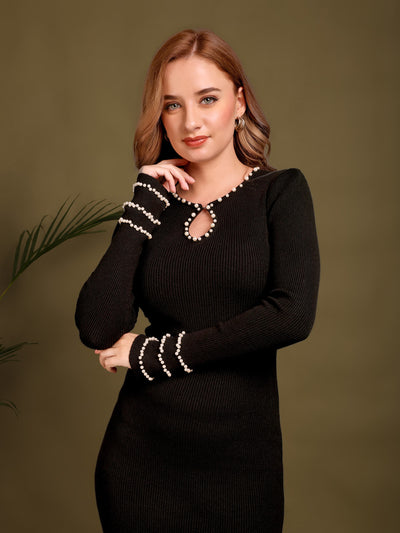 Black Keyhole Knitted Midi Dress With Pearl Detailing