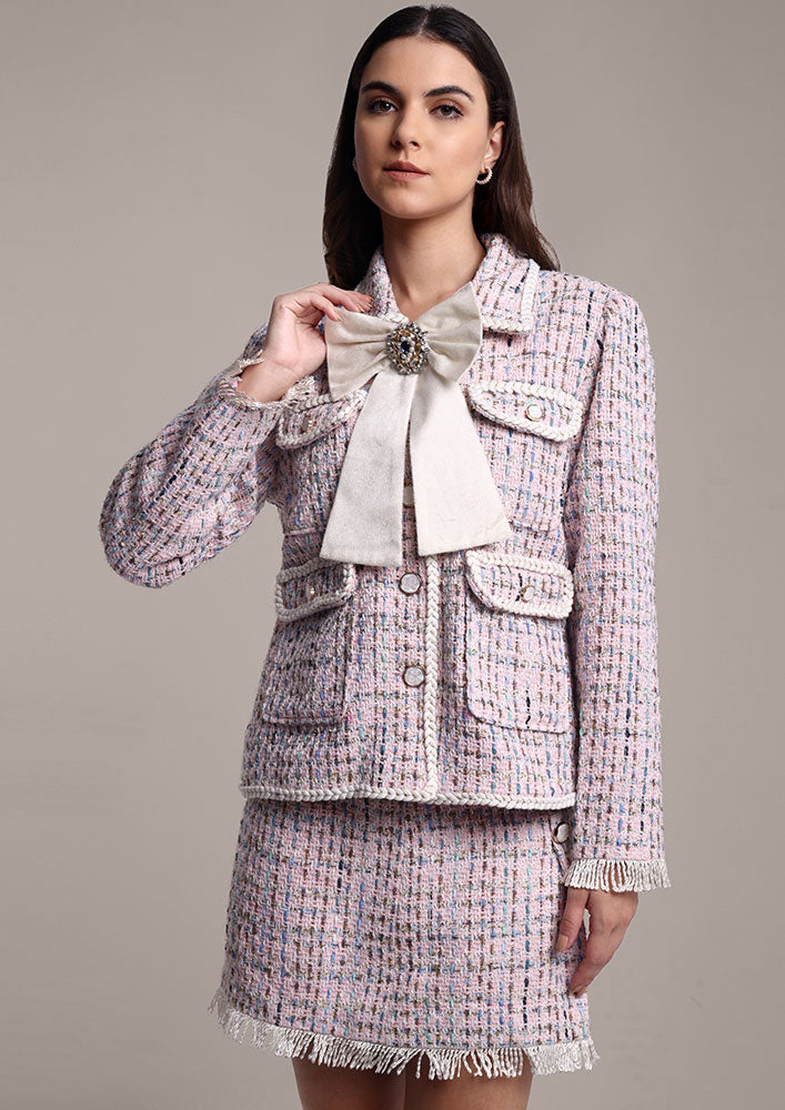 Pink Tweed Jacket with Swarovski Bow & Skirt Set