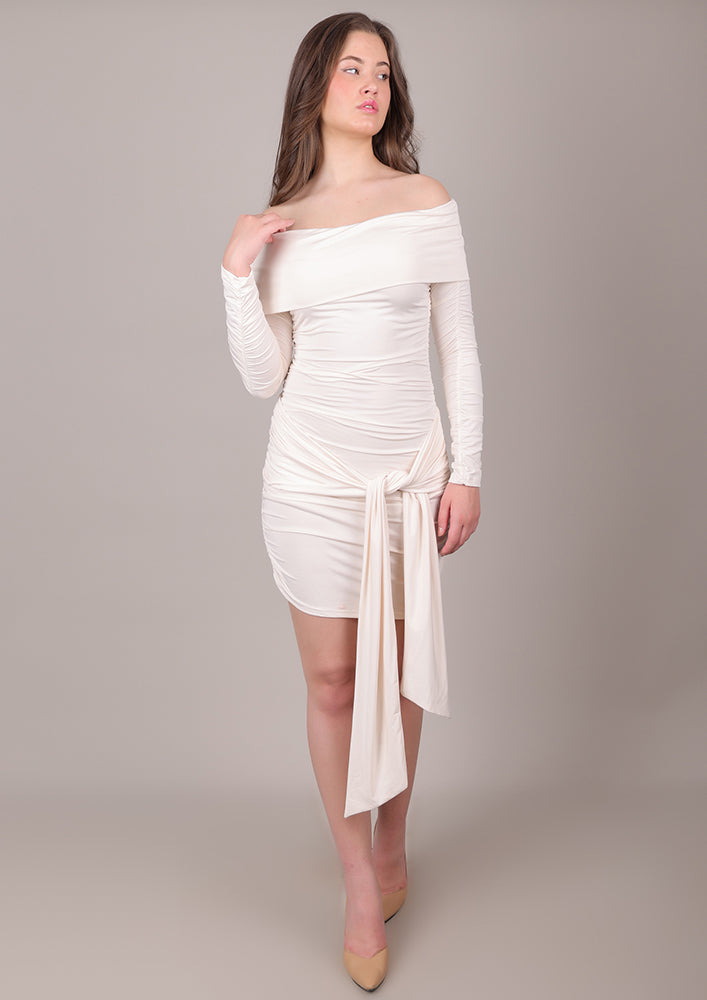 Cream Off-Shoulder Ruched Dress with Tie-Up