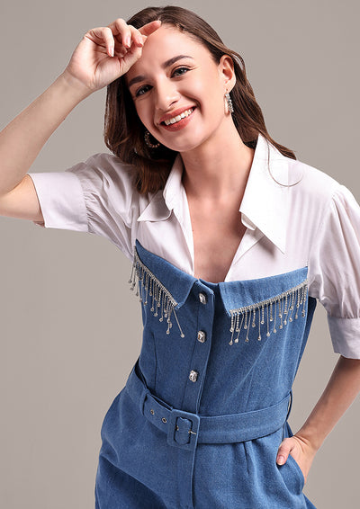 Denim Jumpsuit With Swarouvski Detail And Waist Belt