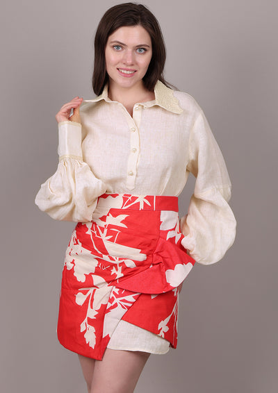 Beige Linen Shirt with Floral Wrap Skirt