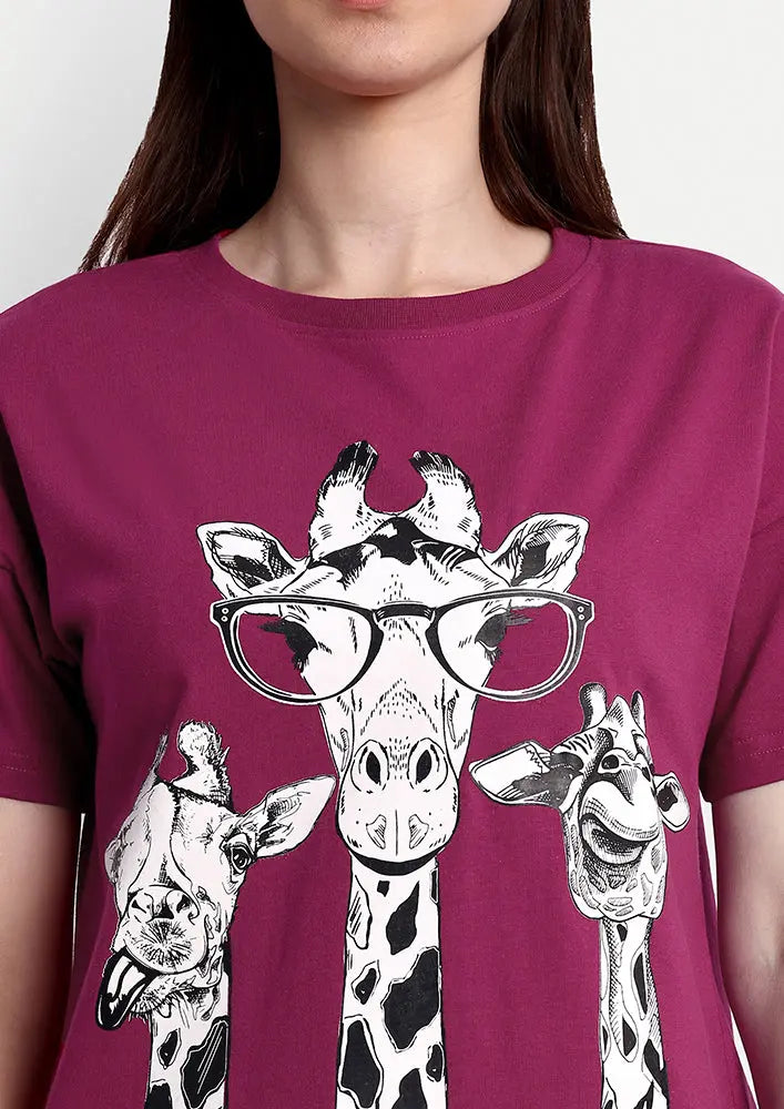 Viva Magenta Giraffe Print Short Sleeve Regular T-Shirt IKI CHIC Private Ltd