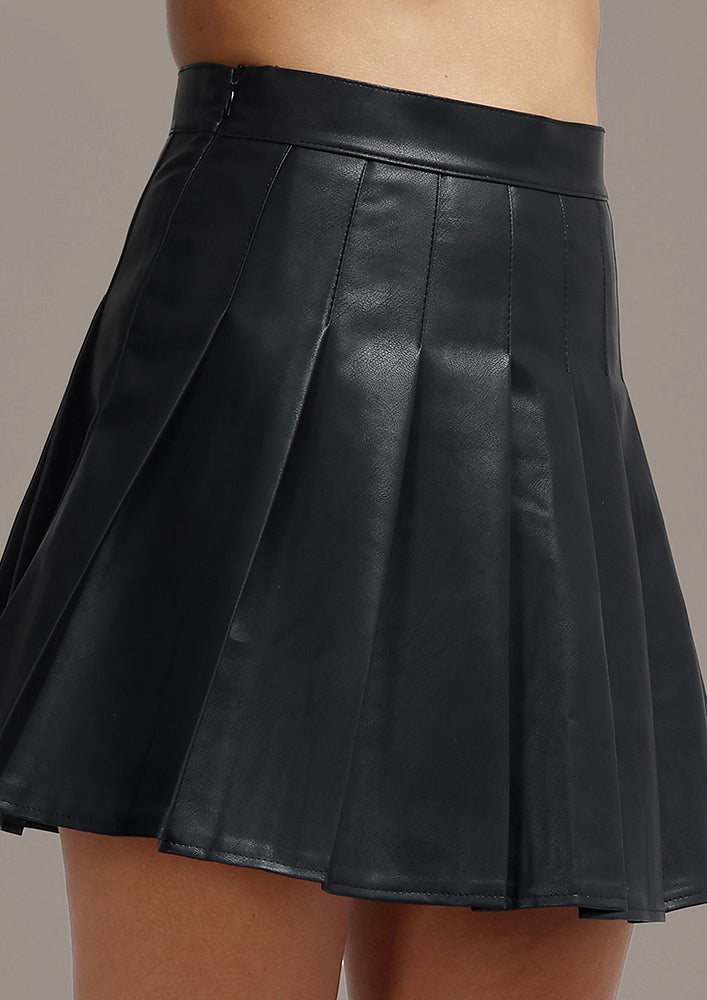 Black Solid PU Leather High Waist Pleated Skirt