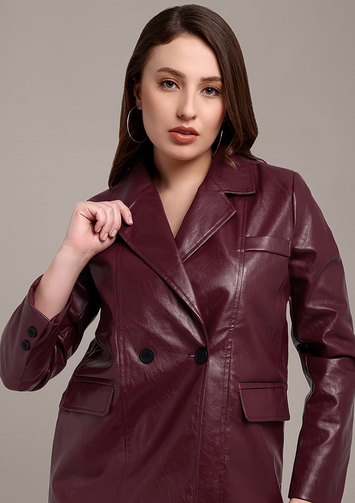 Burgundy Leather Jacket with Notch Collar Style IKI CHIC Private Ltd.