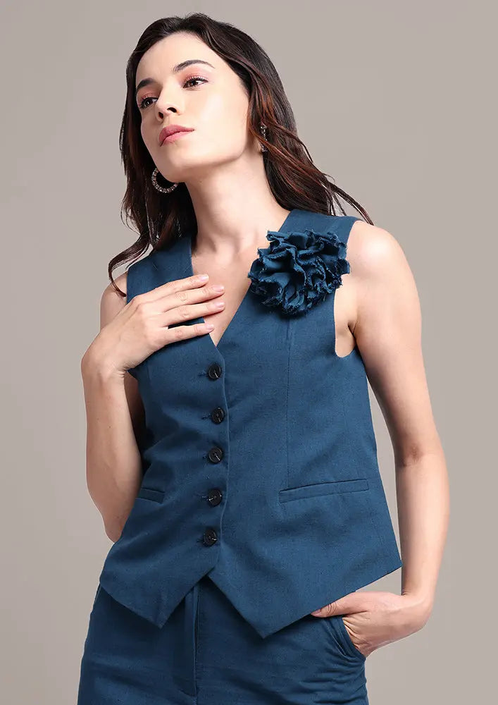 Teal Blue Sleeveless Front Button-Up Vest With High Waisted Pants IKI CHIC Private Ltd