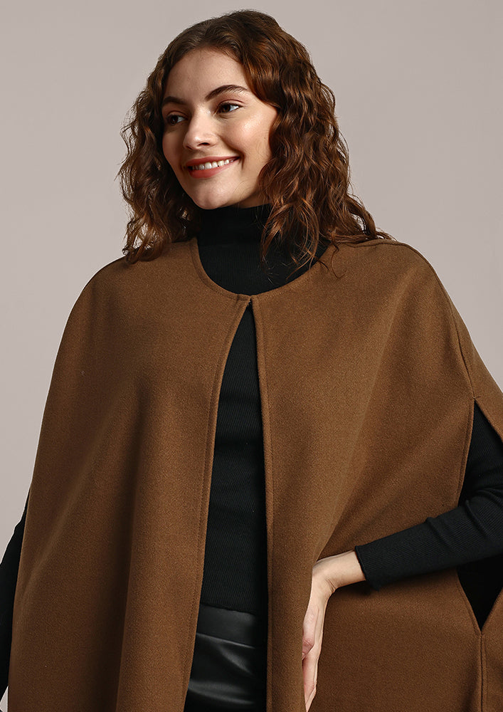 Solid Brown Oversized Woolen Cape Coat