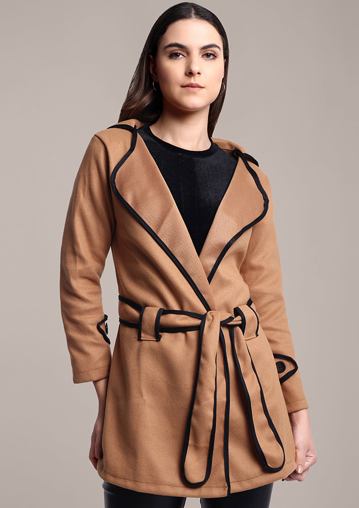 Beige Woolen Over Coat with Black Piping