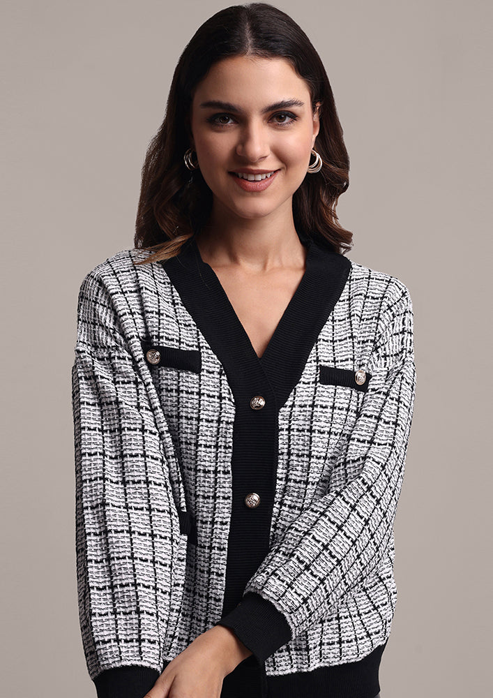 Black And White Check Design Woolen Cardigan