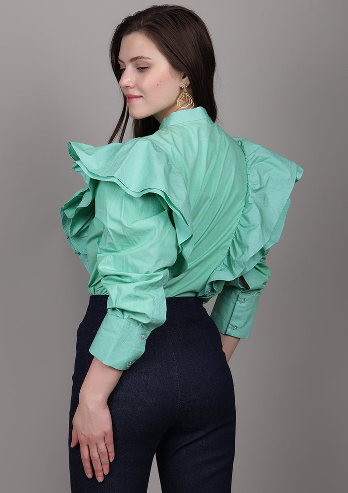Mint Green Poplin Oversized Shirt with Ruffle Detailing & Embellishments