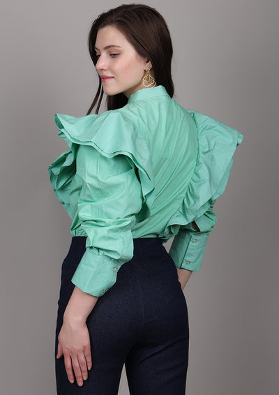 Mint Green Poplin Oversized Shirt with Ruffle Detailing & Embellishments