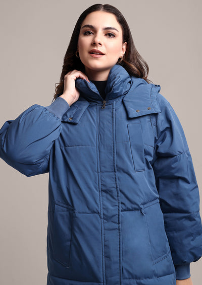 Blue Long Puffer Hooded Jacket