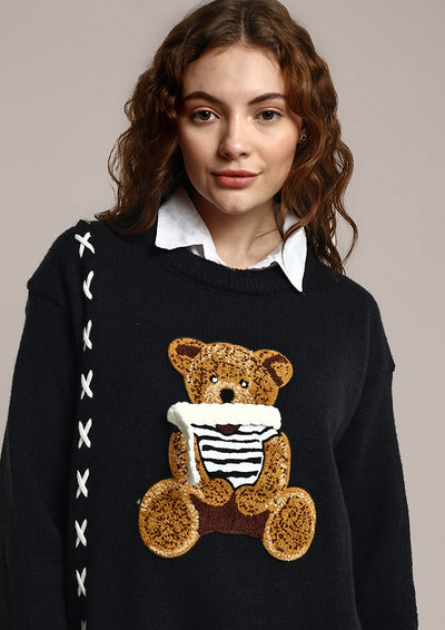 Black Knitted Bear Design Sweater