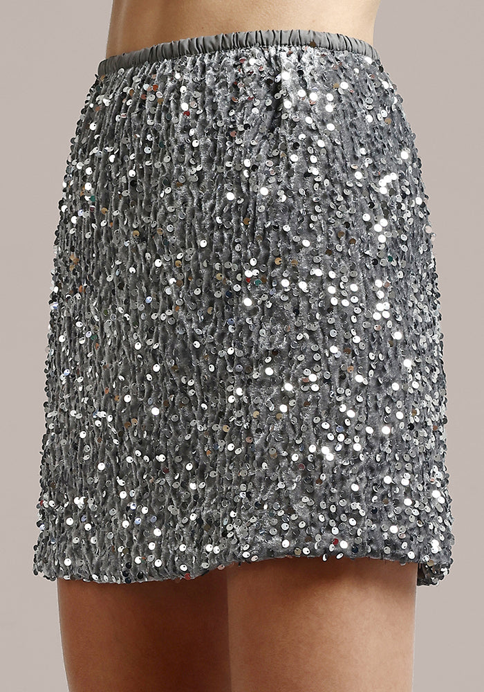 Grey Sequin Velvet Mini Skirt