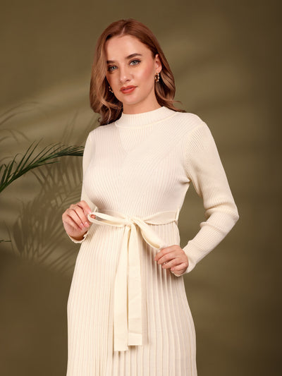 Off White Knitted Midi Dress With Waist Belt
