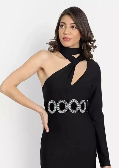 Black One Shoulder Choker Neck Studded Belt Mini Dress IKI CHIC Private Ltd.