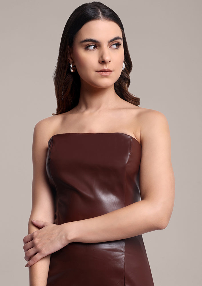 Brown Leather Bandeau Midi Dress