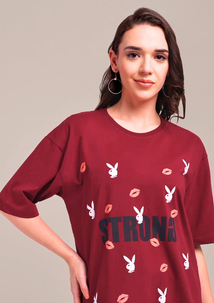 Maroon Oversized Graphic Print T-Shirt