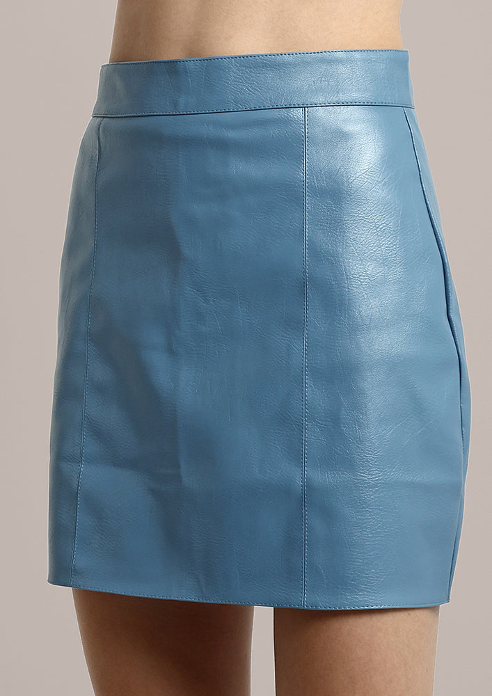 Solid Blue PU Leather A-line Mini Skirt