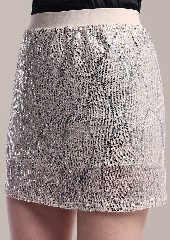 Cream Sequin Mini Skirt with Elastic Waistband