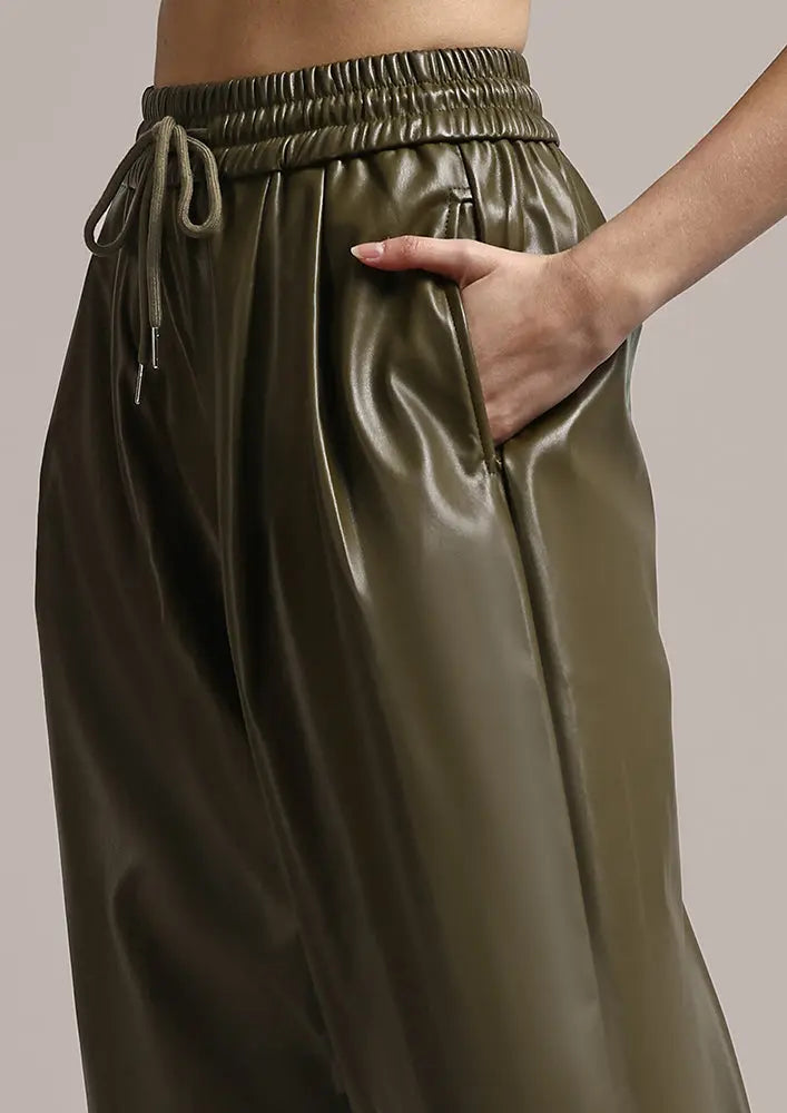 Olive Green Faux Leather Wide leg trousers IKI CHIC