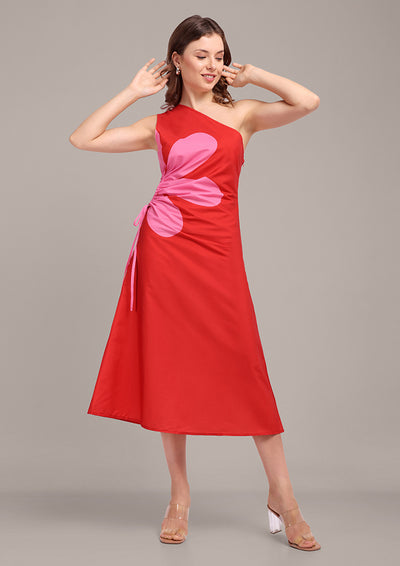Red One Shoulder Flower Cut-Out Dress